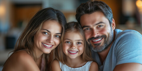 Obraz premium Closeup portrait of couple with their baby Happy smiling family holding baby