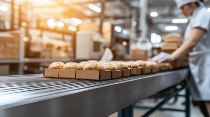 A food processing plant with a conveyor belt moving freshly packaged products under bright, sanitary conditions