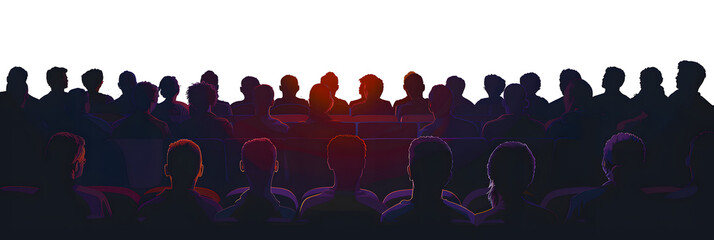 Crowd of people in the auditorium, silhouette of men and women sitting in two rows. Vector illustration.