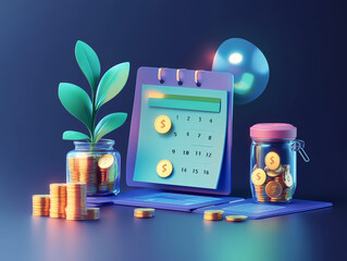 3D illustration of a calendar, coins, and a plant, representing financial planning and saving.