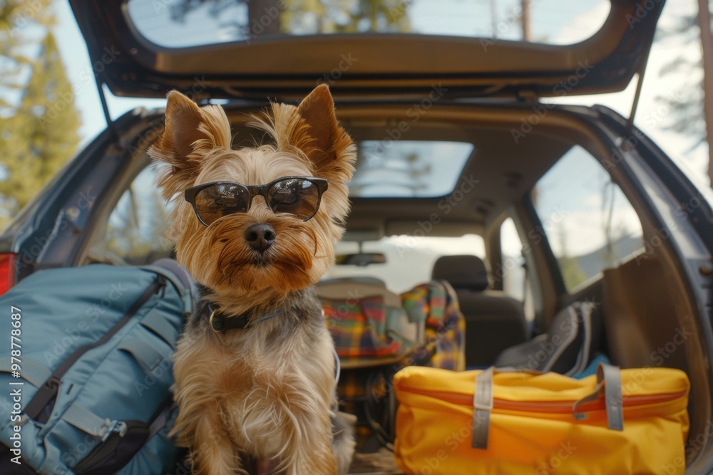 Canvas Prints A cute dog wearing sunglasses sits in the back of a car. AI.