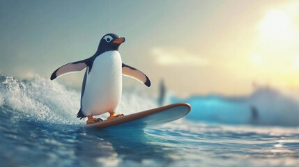 A penguin is having fun riding a wave on a surfboard in the ocean