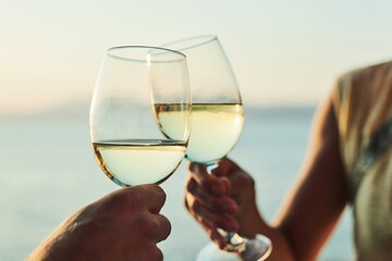 People, hands and outdoor for toast with wine glass for romantic date, bonding and love in Spain. People, relationship and cheers with alcohol on break or holiday for celebration, support and care