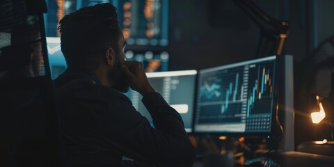 Fototapeta premium Data-Driven Decisions: A Financial Analyst Scrutinizes Market Trends.Technology,digital,software,investment,finance,trading,stock market crash,economic recession,Monitoring Digital Reports.AI