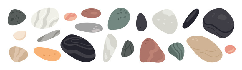 Pebble stones. Smooth rocks rolled by sea. Rounded gravel with textures. Different abstract shapes. Natural formations. Oval solid boulders. Spa cobblestones. Garish vector geologic set