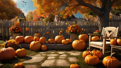 Halloween pumpkins on wooden bench