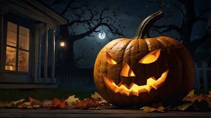 halloween day picture A big pumpkin with a scary face sitting on the ground in front of a house