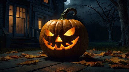 A big pumpkin with a scary face sitting on the ground in front of a house suitable background halloween day