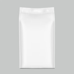 Vertical bag mockup. Flat bottom gusset bag. Front view. High realistic. Vector illustration isolated on grey background. Ready for use in presentation, promo, advertising and more. EPS10.
