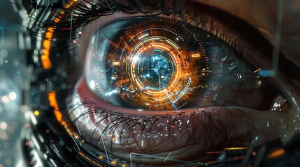 Close-up of a human eye enhanced with futuristic technology, displaying a digital interface and showcasing the intersection of humanity and technology.