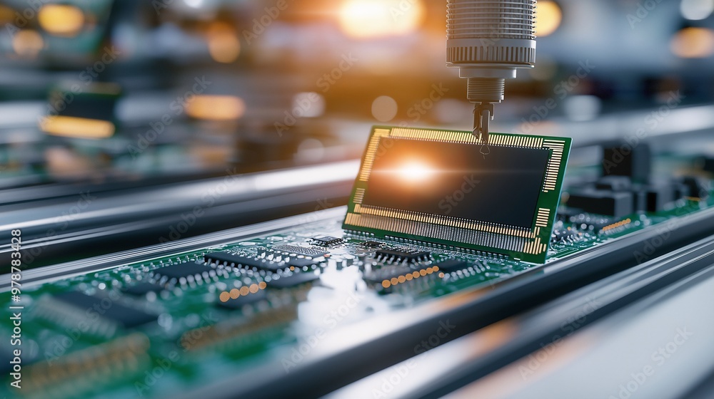 Poster a state-of-the-art conveyor system in a tech factory assembling circuit boards with precision