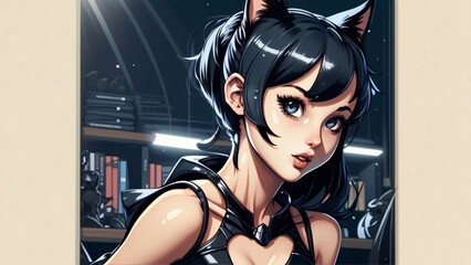 woman, fashion, beauty, black dress, cat dress