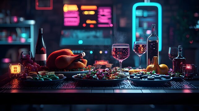 A Vibrant Thanksgiving Celebration in a Futuristic Arcade Setting with Colorful Delights Awaiting. Thanksgiving Concept