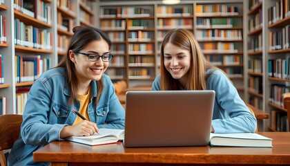 Two female students studying with a laptop and books in a library.