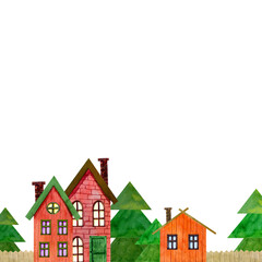 Illustration with cute little houses and trees