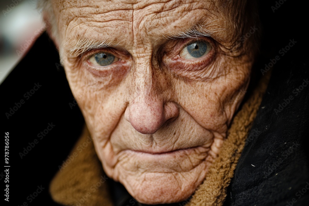 Poster elderly man with deep wrinkles symbolizing aging wisdom and life experience in a quiet intimate sett