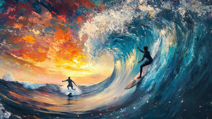 surfing, larger waves, high-definition, oil painting, scraper technique, splashing strokes, dynamic, ocean, fluid motion, high-resolution, textured, vibrant, energy, surf scene, artistic strokes, sea,