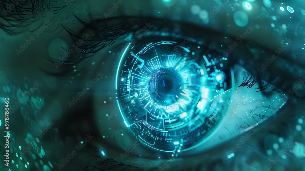 Poster close-up of a human eye with a digital interface superimposed, representing the intersection of tech