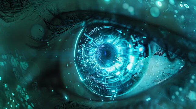 Close-up of a human eye with digital interface superimposed for representing intersection of technology humanity biometric innovation and futuristic vision concept.