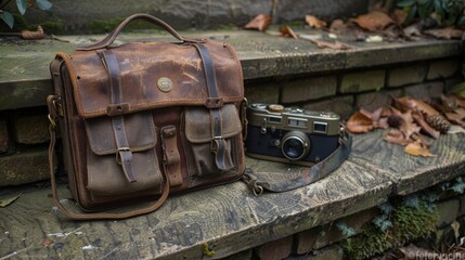 Vintage Leather Camera Bag With Classic 35mm Rangefinder Camera And Copy Space, On Stone Steps.