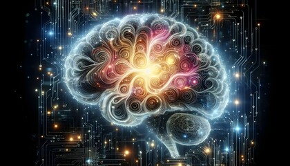 Glowing brain with swirling patterns depicting machine intelligence and data processing. Brainpower concept. 