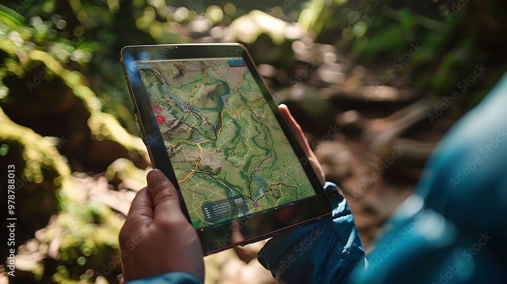 Poster close-up shot of a person's hands holding a tablet in a forest, navigating with a gps map applicatio