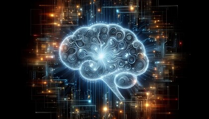 Glowing brain with swirling patterns depicting machine intelligence and data processing. Brainpower concept. 
