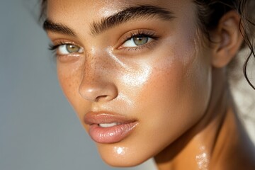 Close-up portrait of a young woman showcasing radiant skin and striking features in natural light.