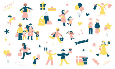 人物とショッピングのイラストセット