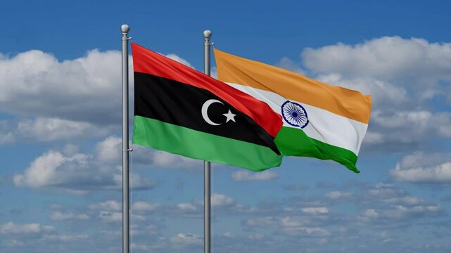 India and Libya flags flying together, video concept of the relationship, two country relations concept