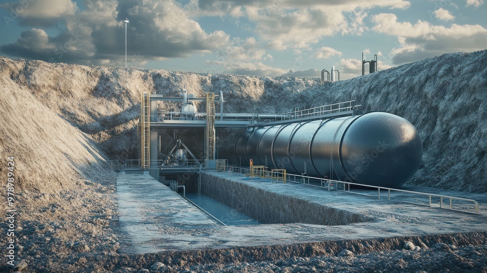 Poster a 3d rendering of an underground gas storage system, showing how natural gas is stored beneath surfa