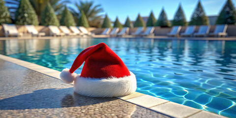 Fototapeta premium Christmas hat by the swimmingpool. Created with Generative AI