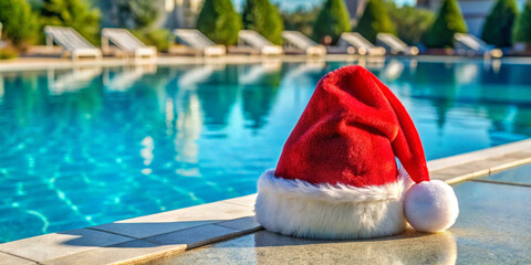 Christmas hat by the swimmingpool. Created with Generative AI