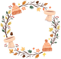 Autumn Hat Scarf Leaves Round Frame Watercolor Illustration