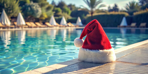 Christmas hat by the swimmingpool. Created with Generative AI