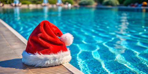 Christmas hat by the swimmingpool. Created with Generative AI