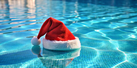 Christmas hat by the swimmingpool. Created with Generative AI