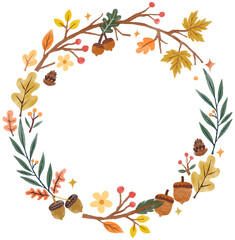 Autumn Leaves Acorns Round Frame Watercolor Illustration