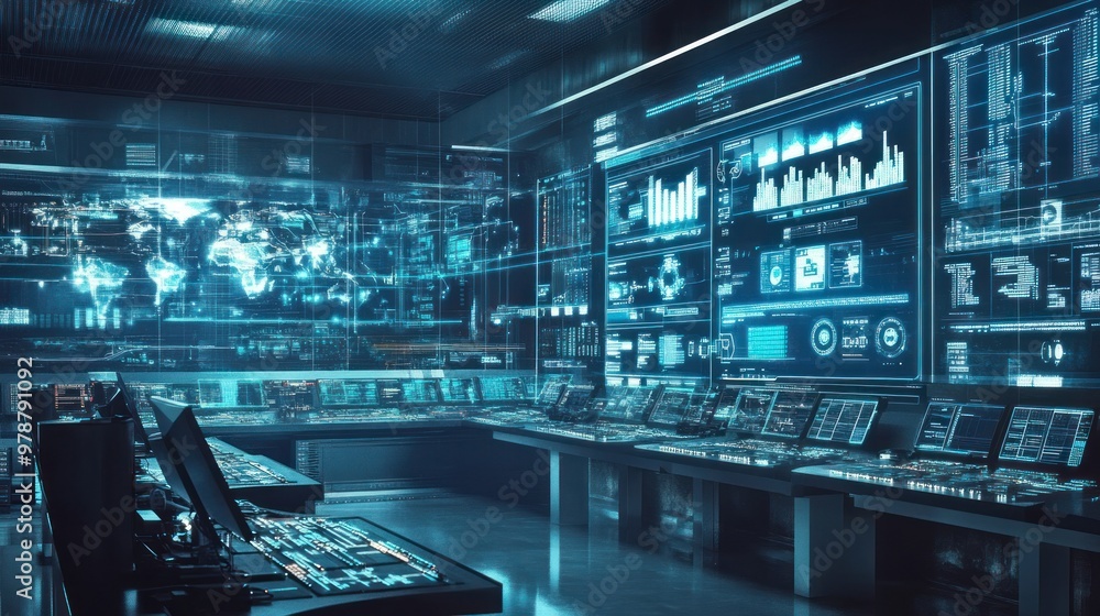 Poster a control room managing a smart gas pipeline network, with digital displays showing gas flow data, p