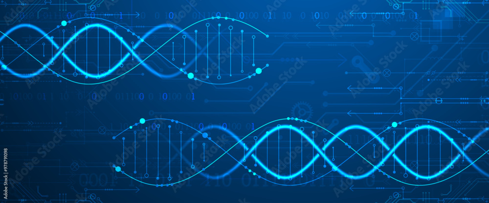Poster Scientific and technological background. Image of dna molecule with technological elements. Hand drawn vector.