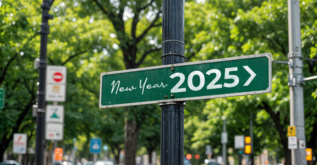 Street sign indicating direction towards New Year 2025 with trees in background