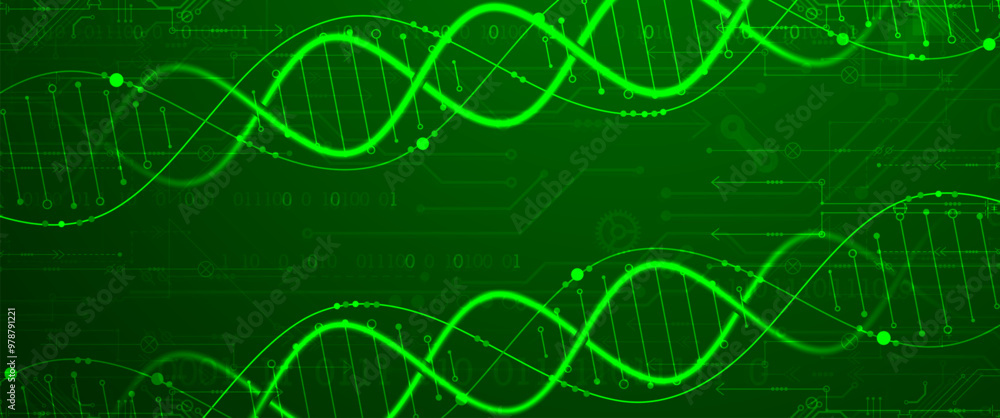 Poster Scientific and technological background. Image of dna molecule with technological elements. Hand drawn vector.
