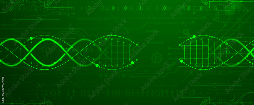 Poster Scientific and technological background. Image of dna molecule with technological elements. Hand drawn vector.