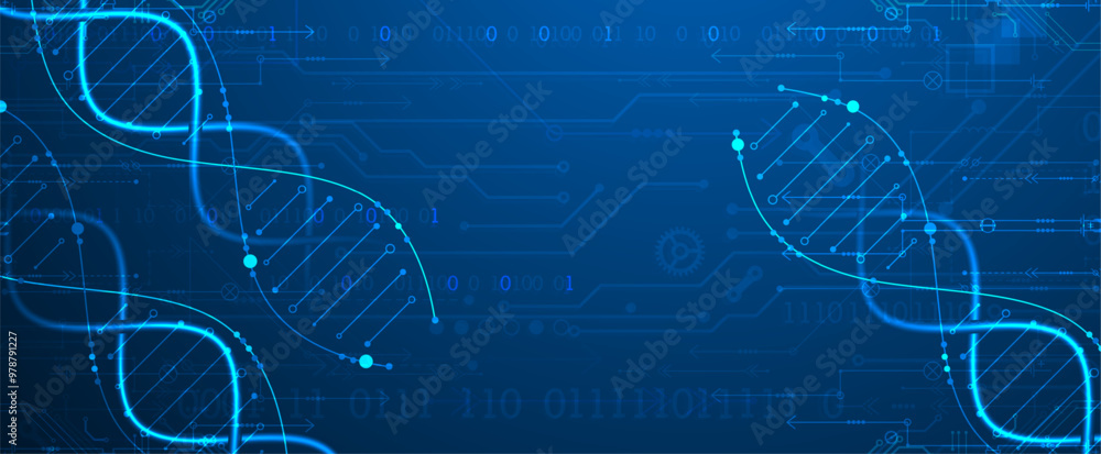 Poster scientific and technological background. image of dna molecule with technological elements. hand dra