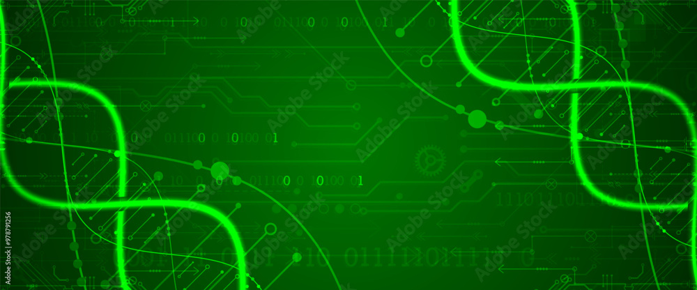 Poster Scientific and technological background. Image of dna molecule with technological elements. Hand drawn vector.