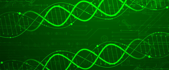 Scientific and technological background. Image of dna molecule with technological elements. Hand drawn vector.
