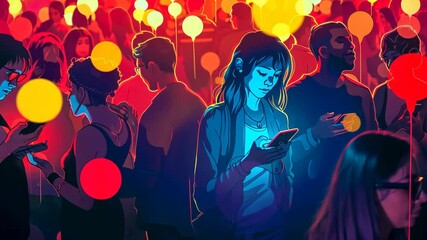 Woman browsing dating app matching with people at concert