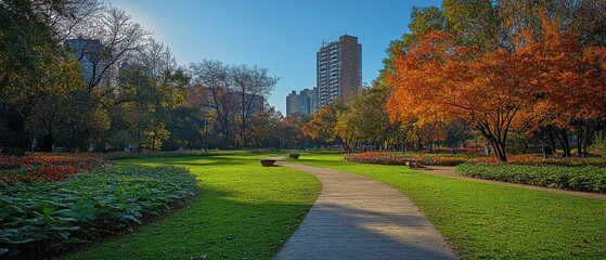 Fototapeta premium Autumn Park Scene: Orange Leaves and Dappled Light.