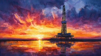 Obraz premium A striking image of a drilling rig silhouetted against the early morning sky, with the first rays of sunlight beginning to illuminate the oil field, capturing the quiet beginning of the day.