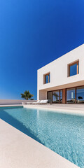 Fototapeta premium Modern white villa with a swimming pool under a clear blue sky overlooking the ocean during a sunny day